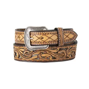 3-D Brown Sunburst/Diamond/Floral Tooled Belt with Calf Hair Underlay