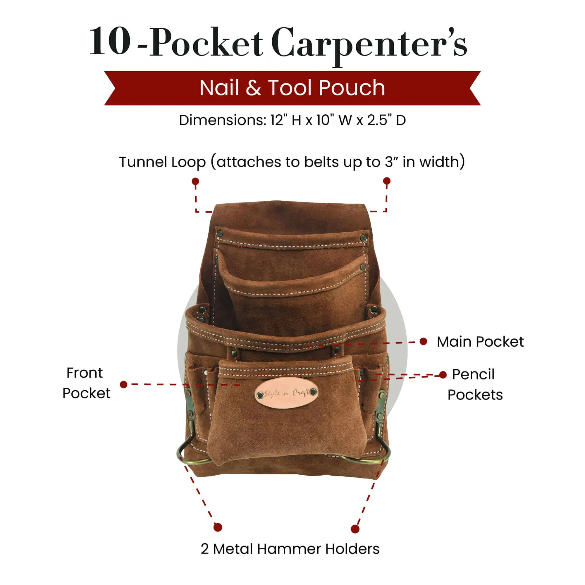 88923 - 10 Pocket Carpenter's Nail and Tool Pouch in Heavy Duty Suede Leather