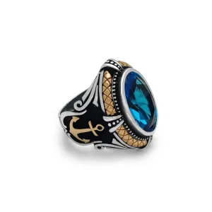 Antique Finish Oval CZ Anchor Ring (Silver)