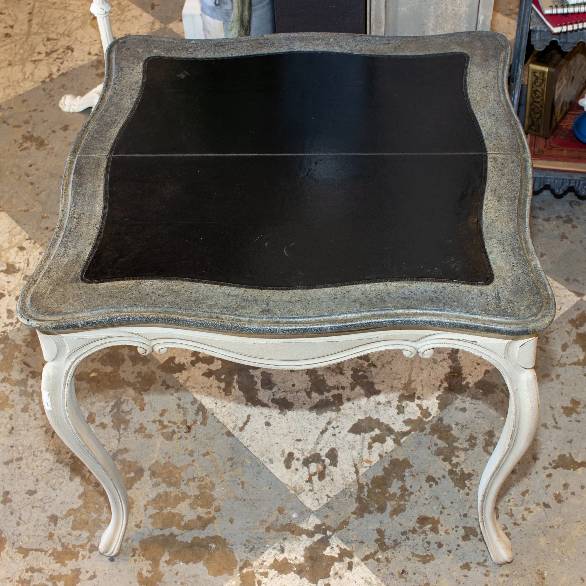 Antique French Oak Console & Game Table with Embossed Leather Top & Painted Finish