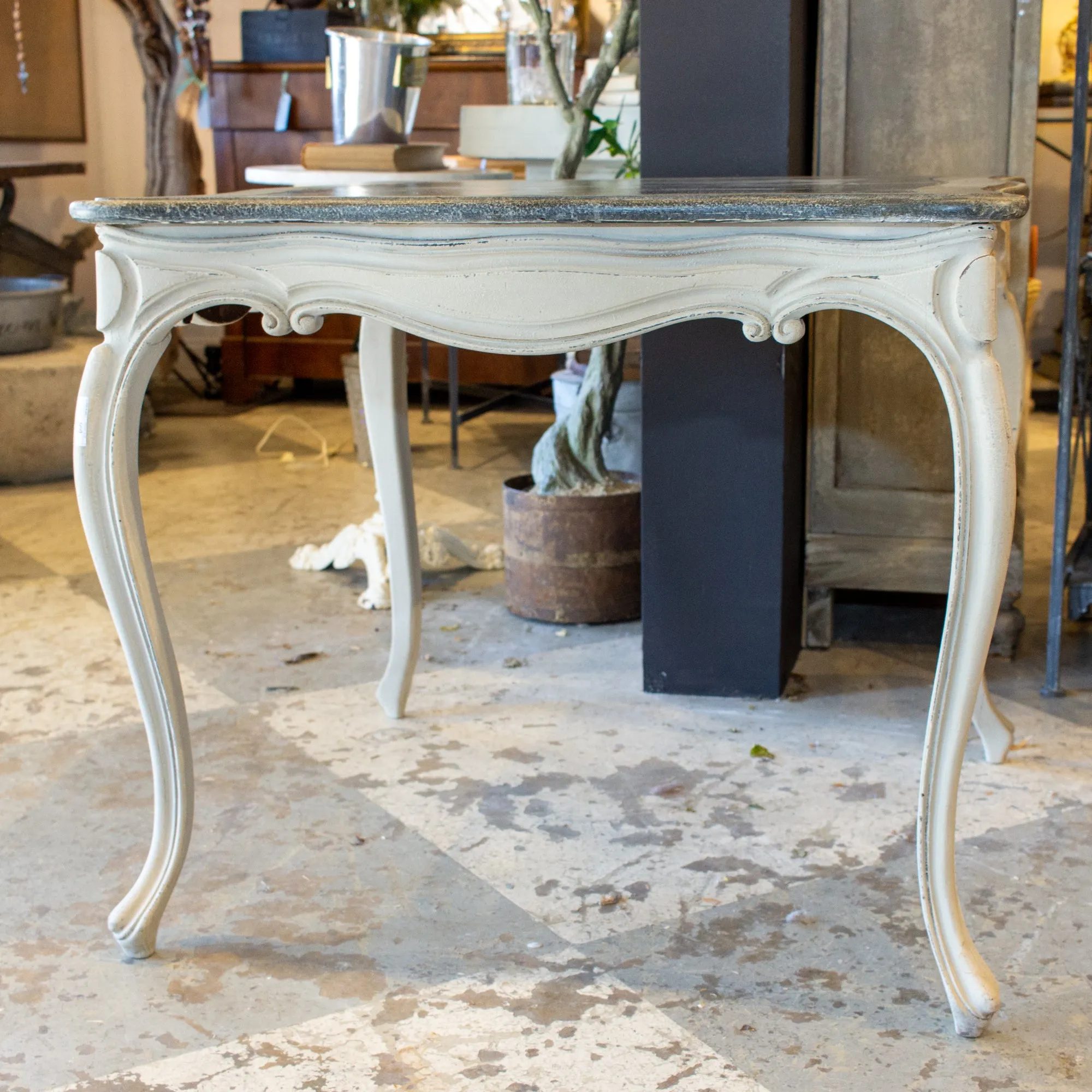 Antique French Oak Console & Game Table with Embossed Leather Top & Painted Finish