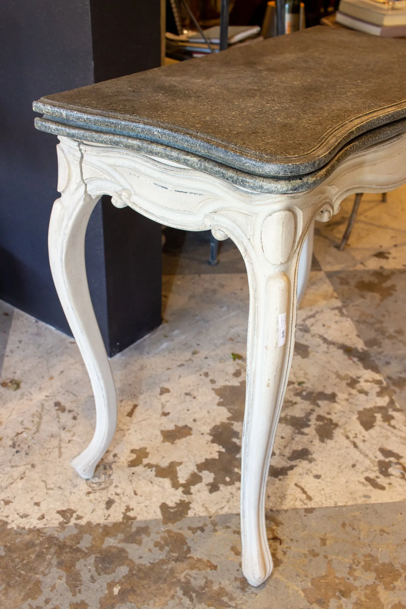 Antique French Oak Console & Game Table with Embossed Leather Top & Painted Finish