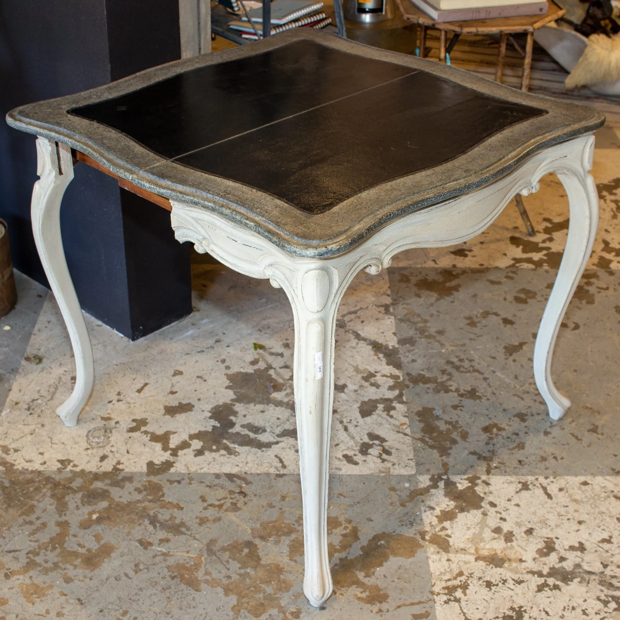 Antique French Oak Console & Game Table with Embossed Leather Top & Painted Finish