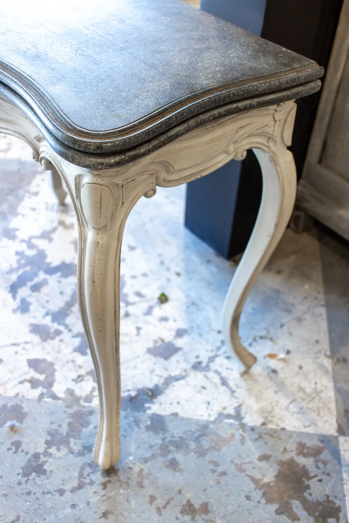 Antique French Oak Console & Game Table with Embossed Leather Top & Painted Finish