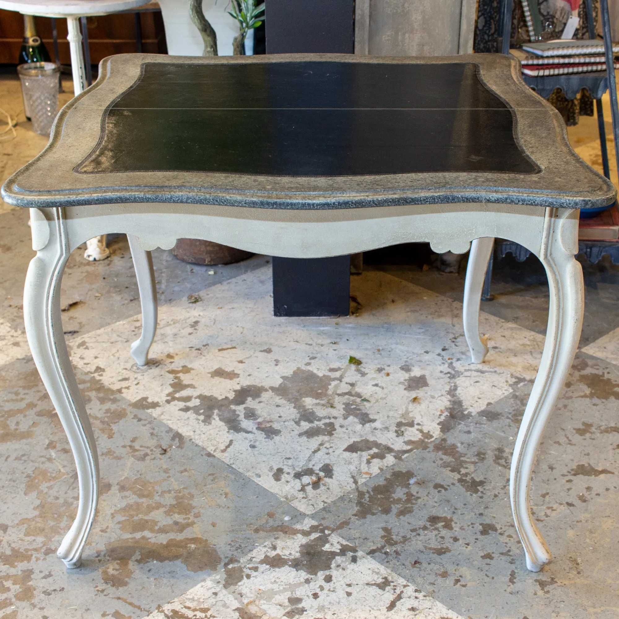Antique French Oak Console & Game Table with Embossed Leather Top & Painted Finish