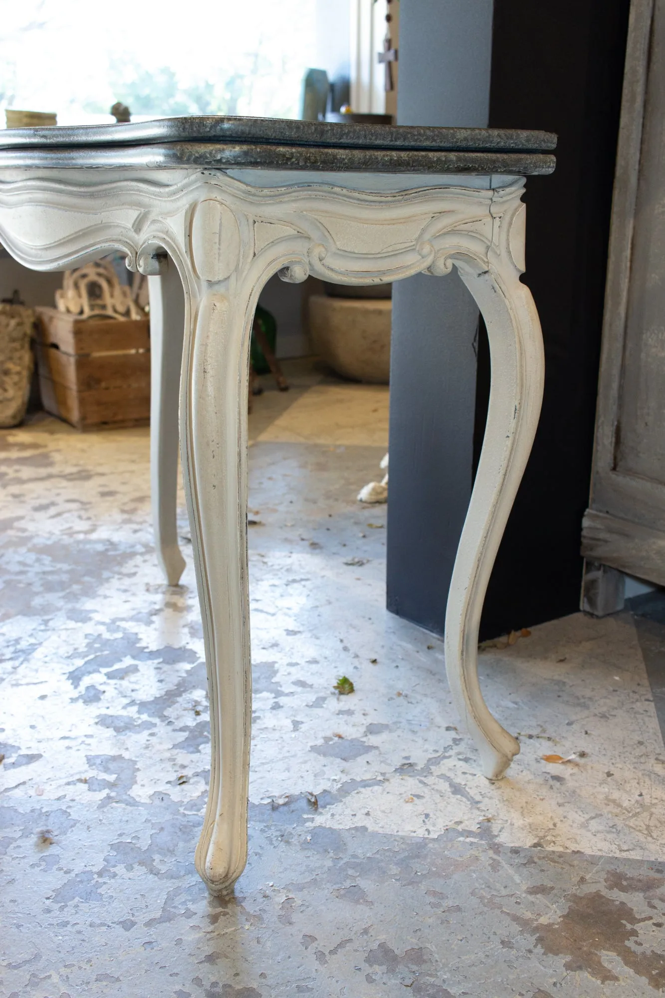 Antique French Oak Console & Game Table with Embossed Leather Top & Painted Finish