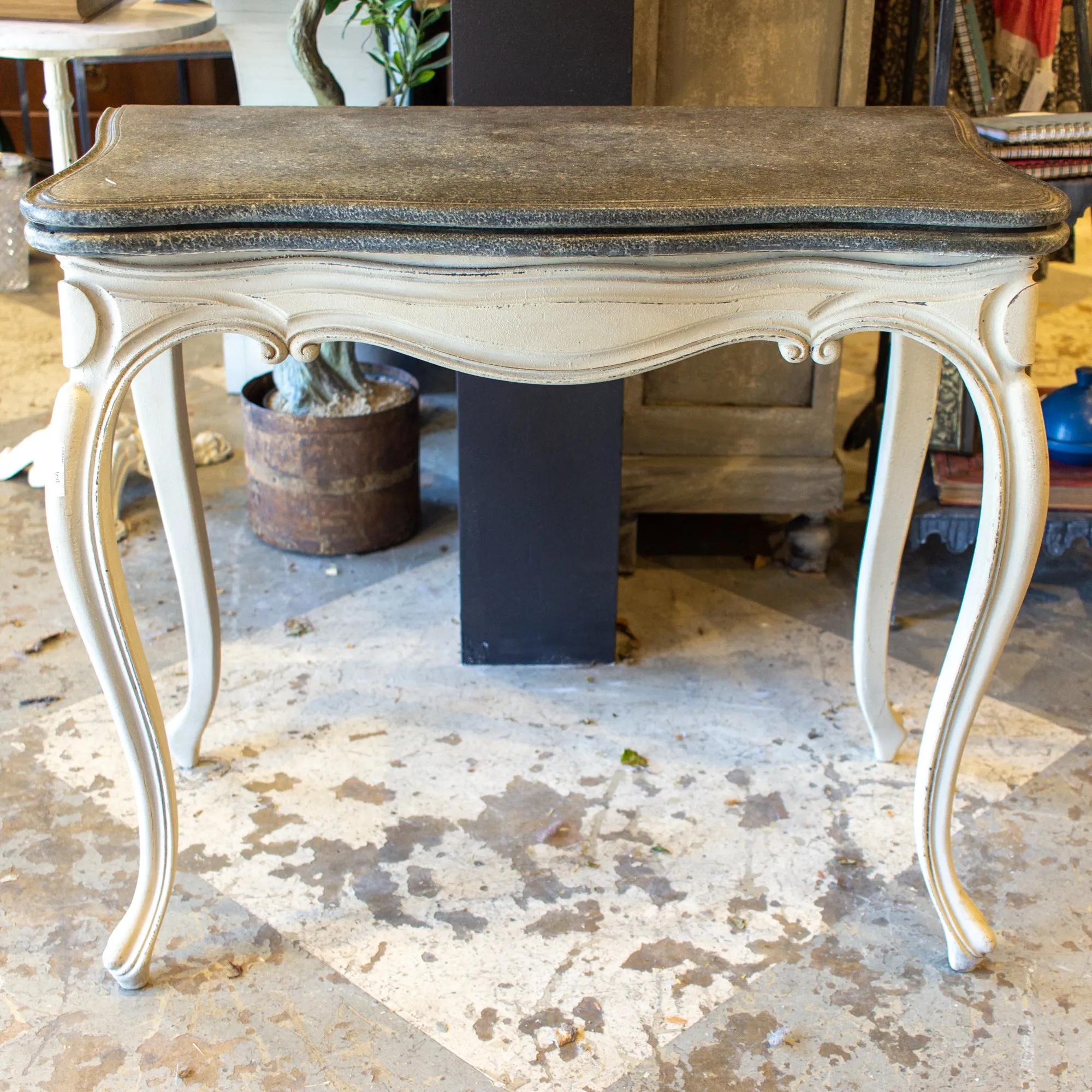 Antique French Oak Console & Game Table with Embossed Leather Top & Painted Finish