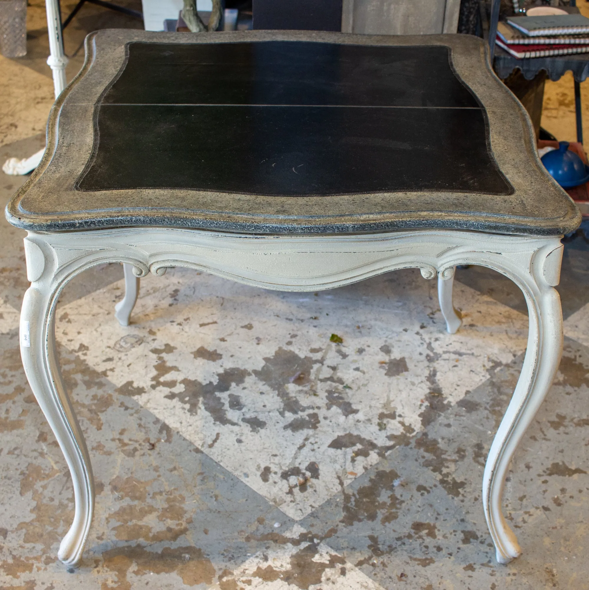 Antique French Oak Console & Game Table with Embossed Leather Top & Painted Finish