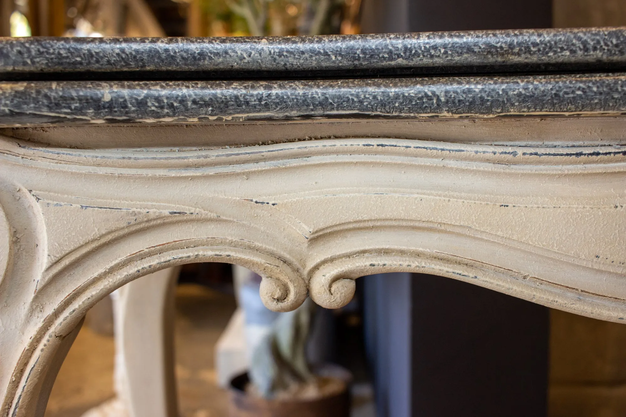 Antique French Oak Console & Game Table with Embossed Leather Top & Painted Finish