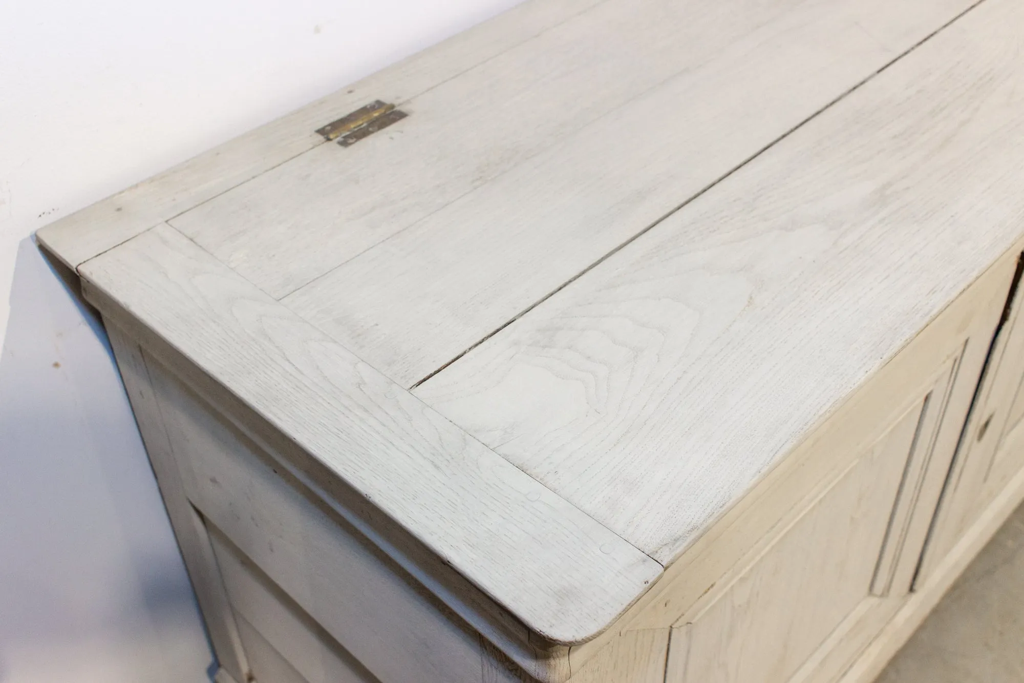 Antique French Oak Hinged Top Buffet in Greige Wash