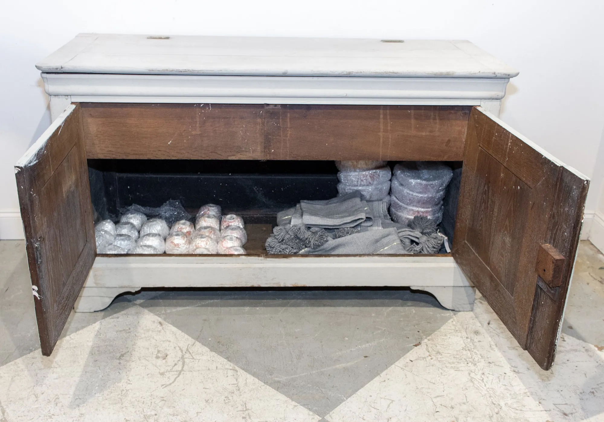 Antique French Oak Hinged Top Buffet in Greige Wash