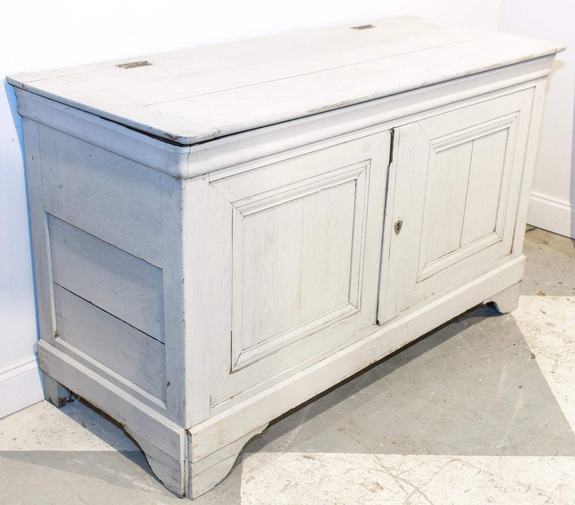 Antique French Oak Hinged Top Buffet in Greige Wash
