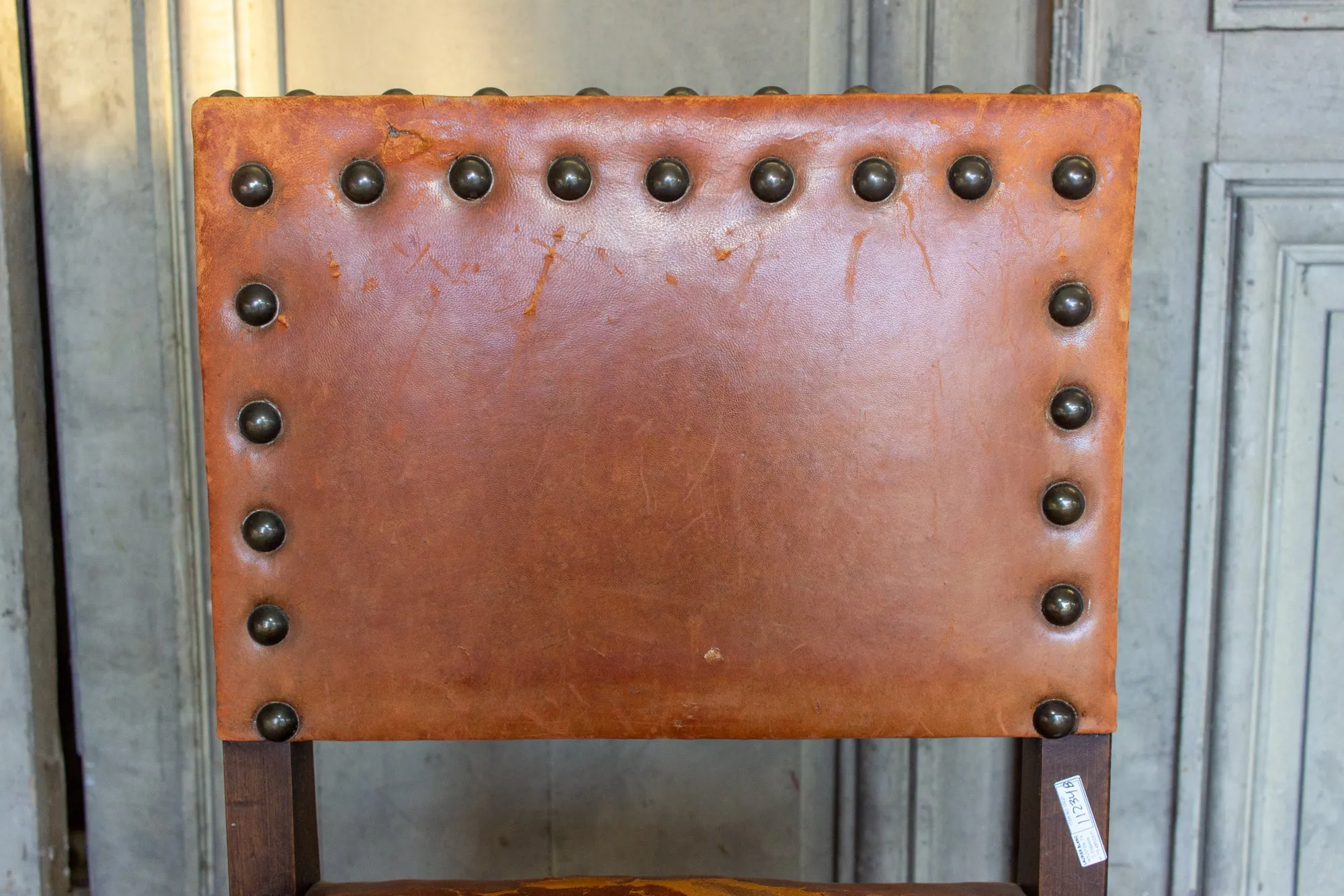 Antique Spanish Leather Side Chair with Brass Nailhead Detail