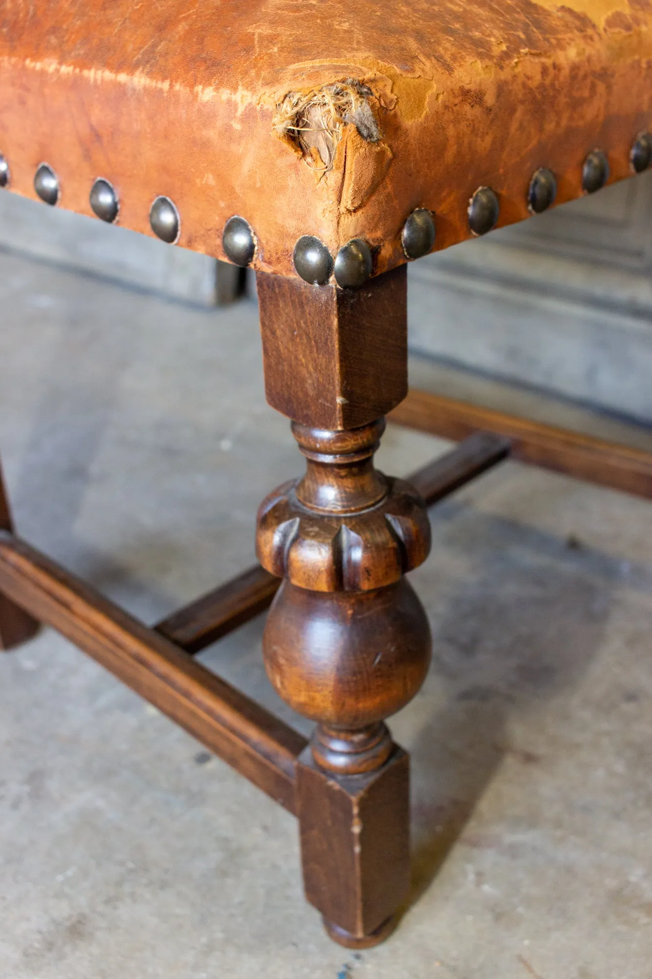 Antique Spanish Leather Side Chair with Brass Nailhead Detail