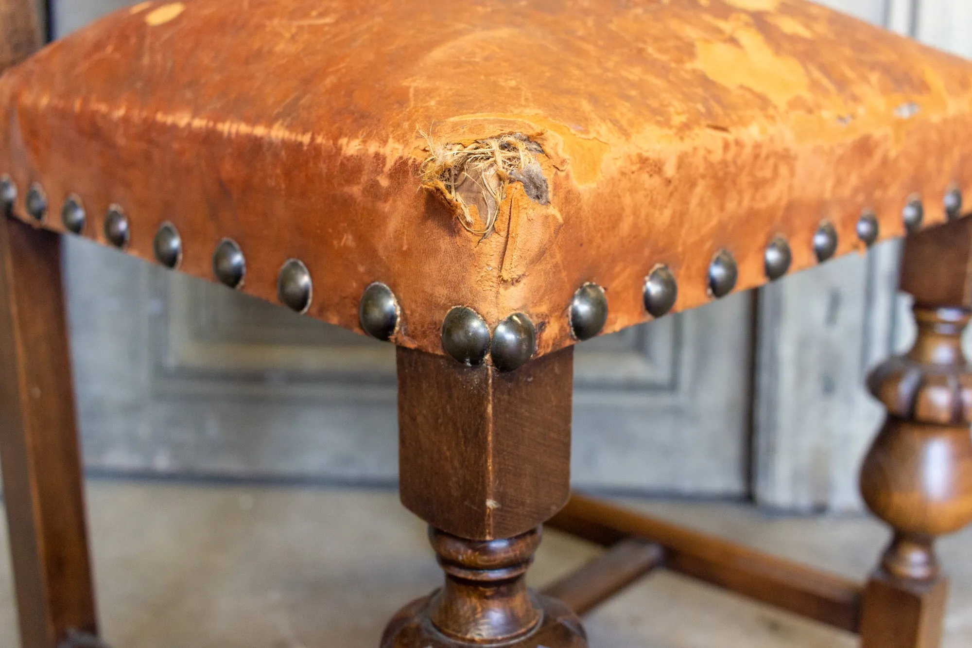 Antique Spanish Leather Side Chair with Brass Nailhead Detail