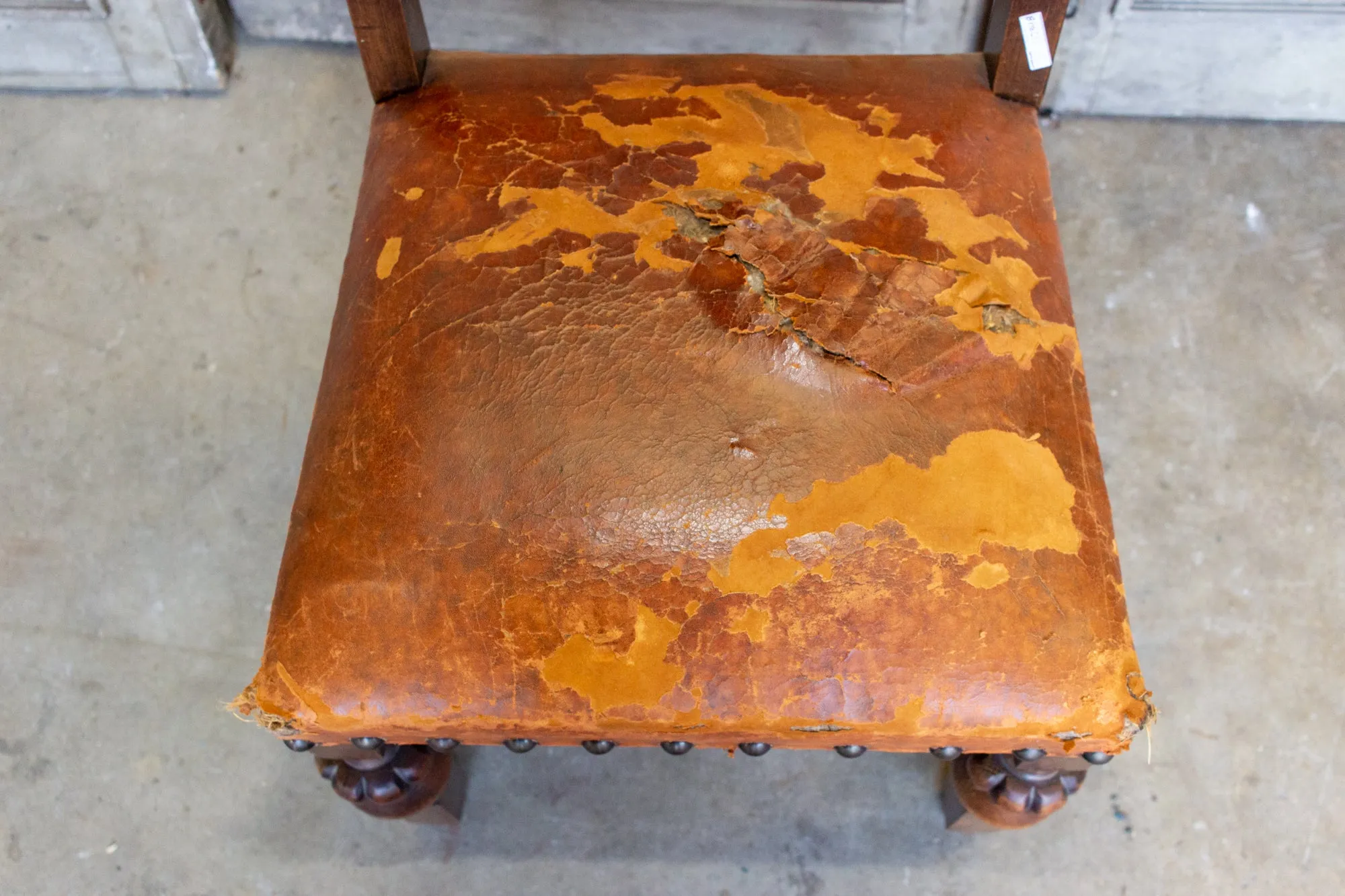 Antique Spanish Leather Side Chair with Brass Nailhead Detail