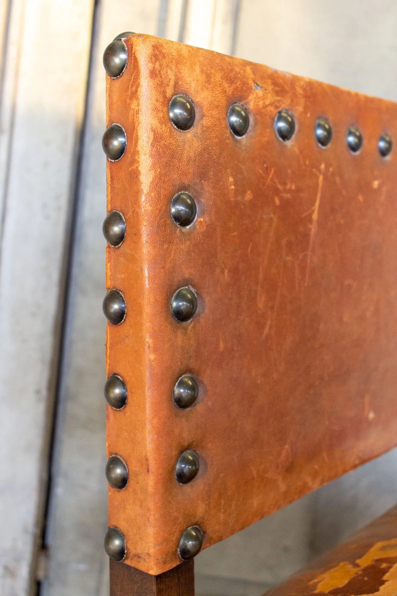 Antique Spanish Leather Side Chair with Brass Nailhead Detail