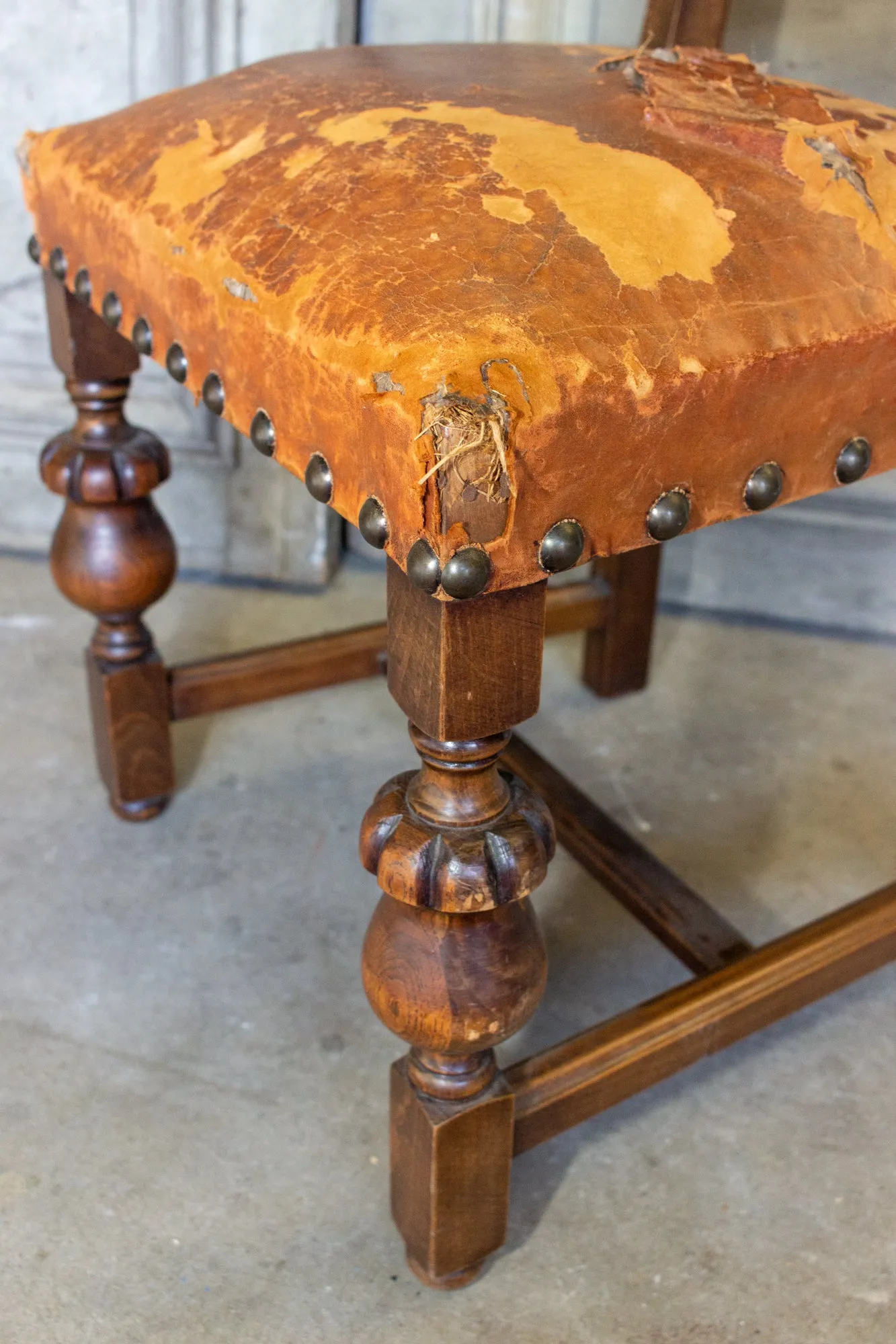 Antique Spanish Leather Side Chair with Brass Nailhead Detail