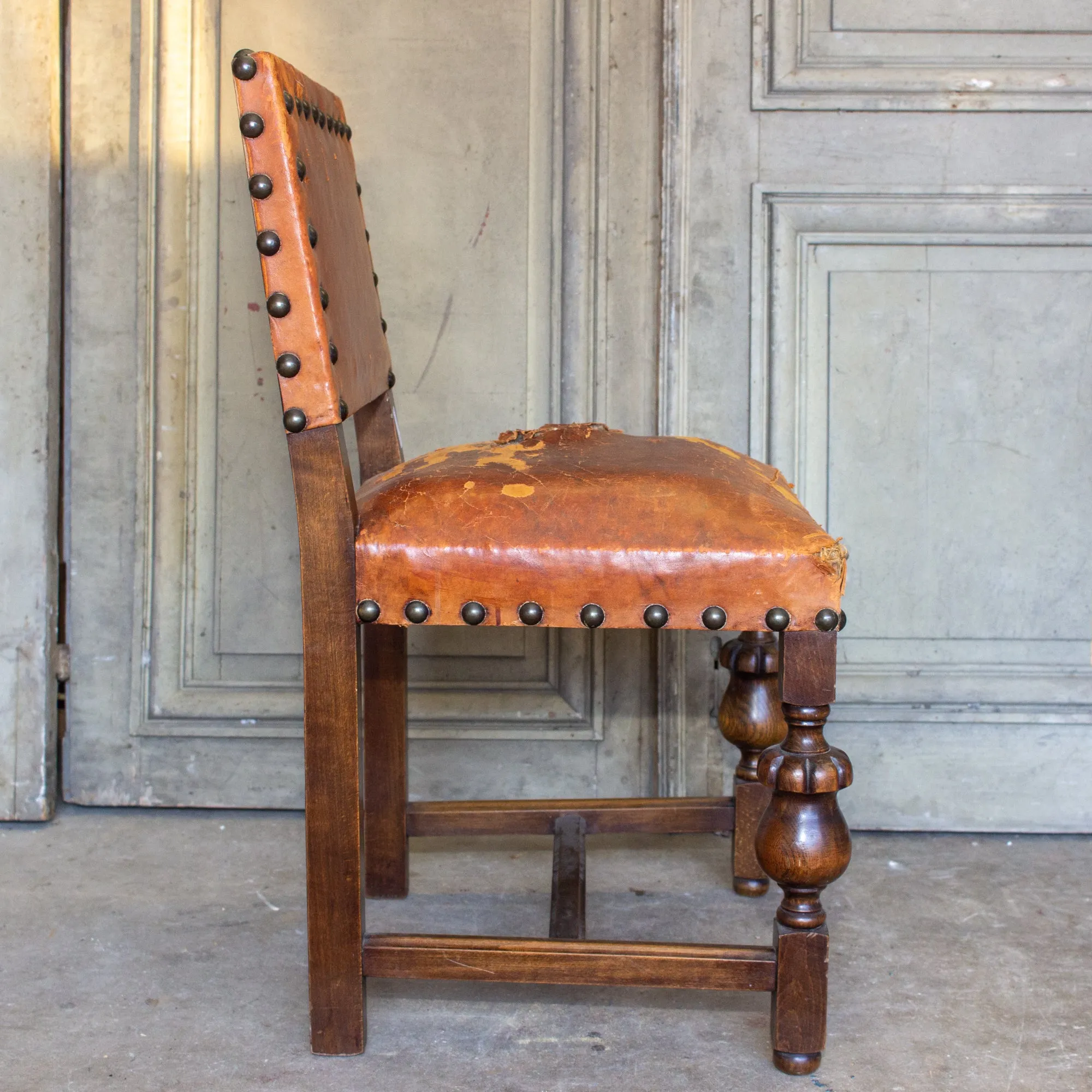 Antique Spanish Leather Side Chair with Brass Nailhead Detail