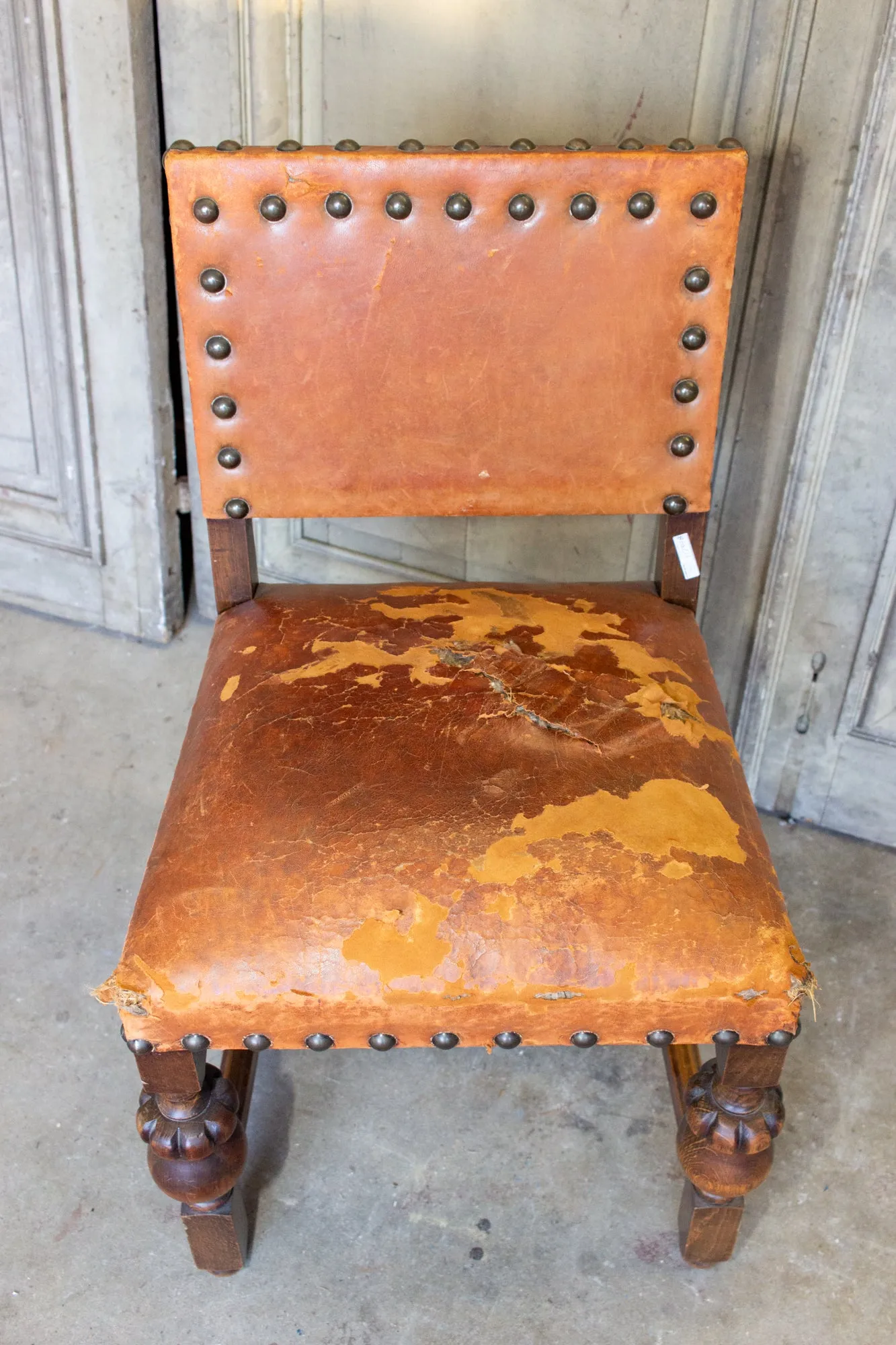 Antique Spanish Leather Side Chair with Brass Nailhead Detail