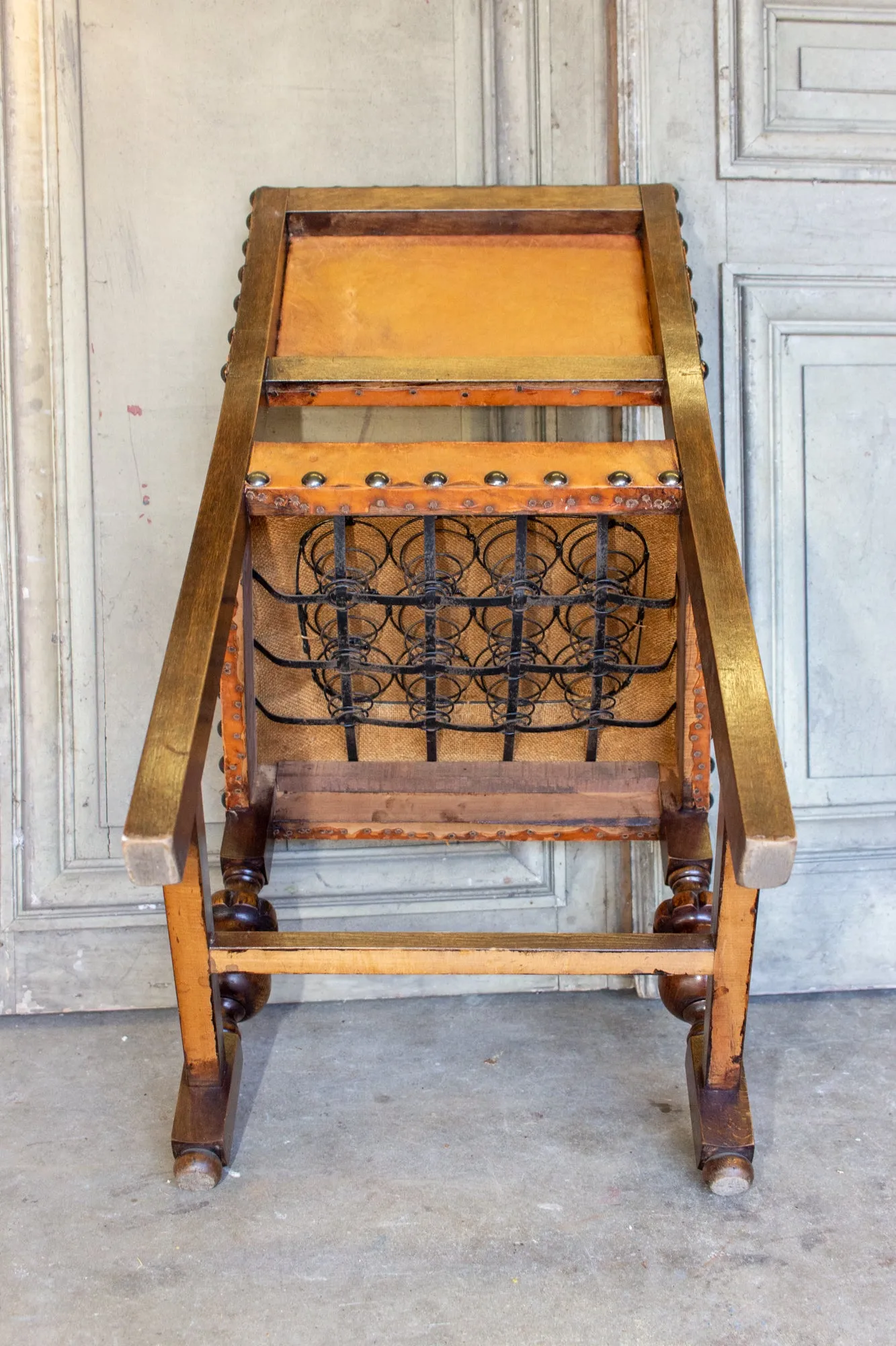 Antique Spanish Leather Side Chair with Brass Nailhead Detail