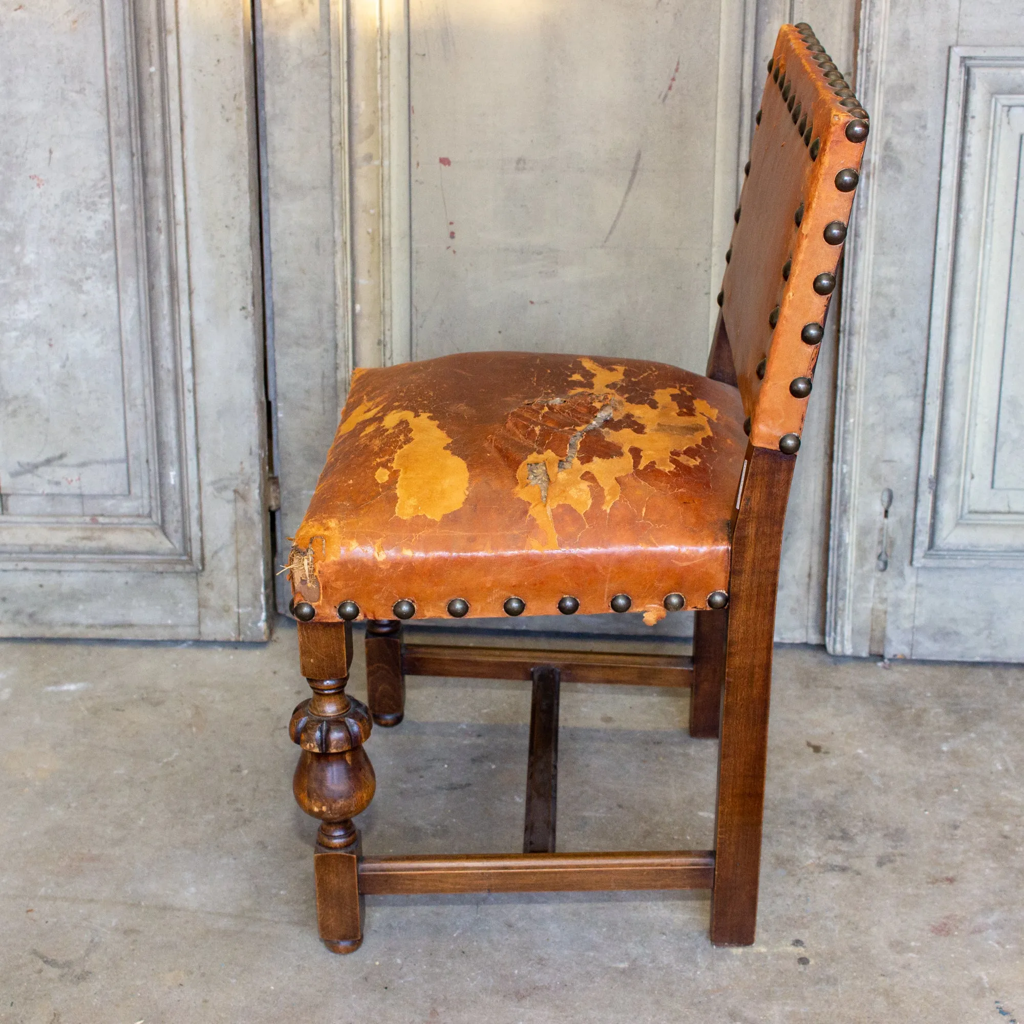 Antique Spanish Leather Side Chair with Brass Nailhead Detail