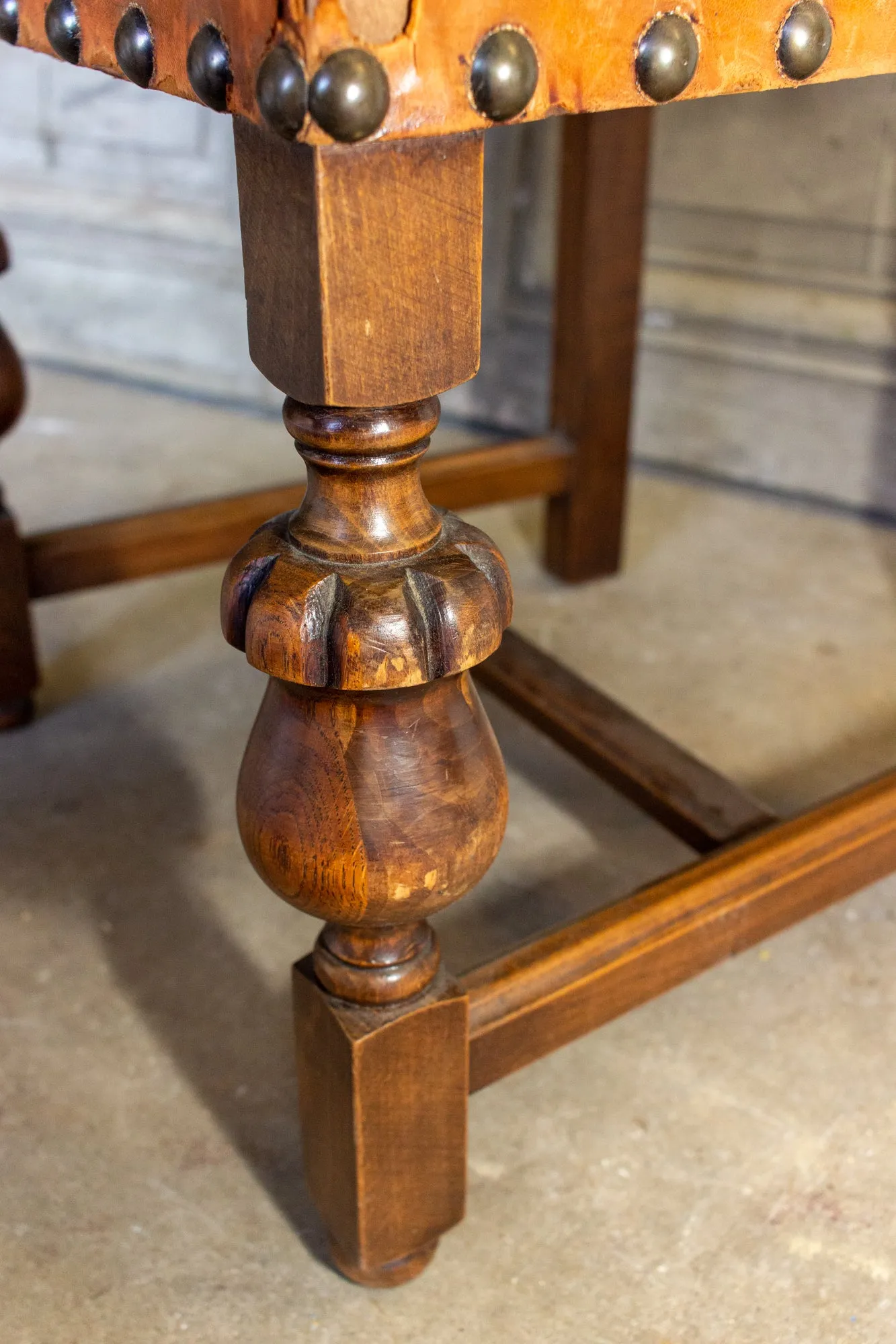 Antique Spanish Leather Side Chair with Brass Nailhead Detail