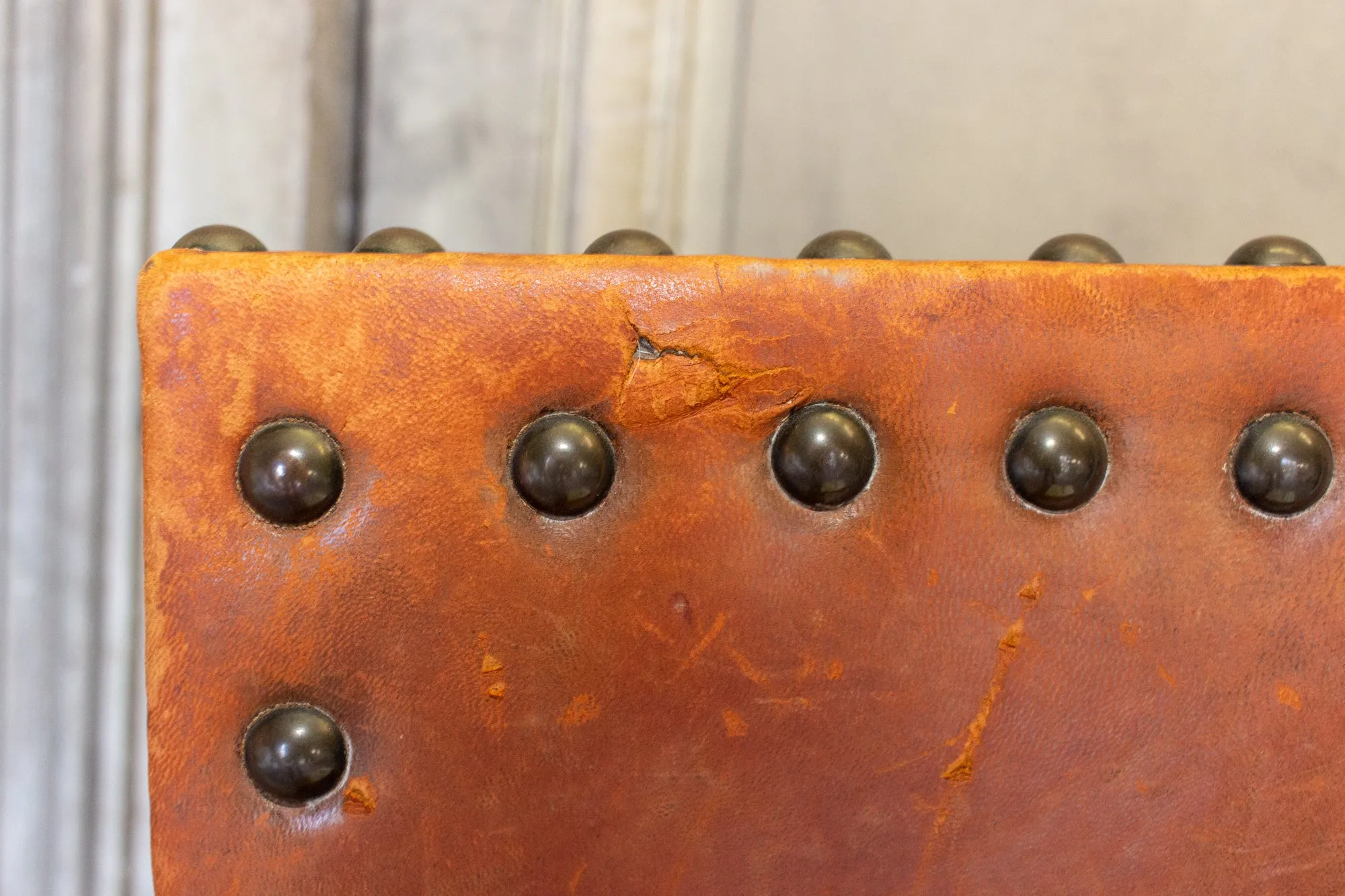 Antique Spanish Leather Side Chair with Brass Nailhead Detail