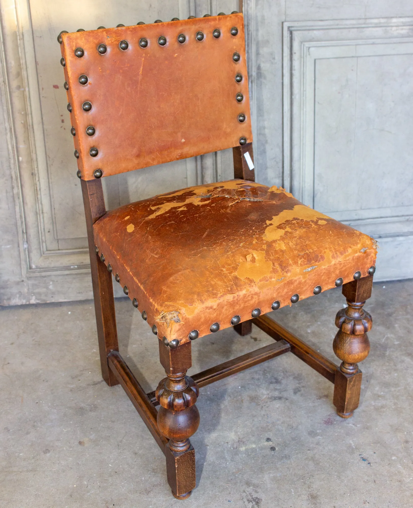 Antique Spanish Leather Side Chair with Brass Nailhead Detail