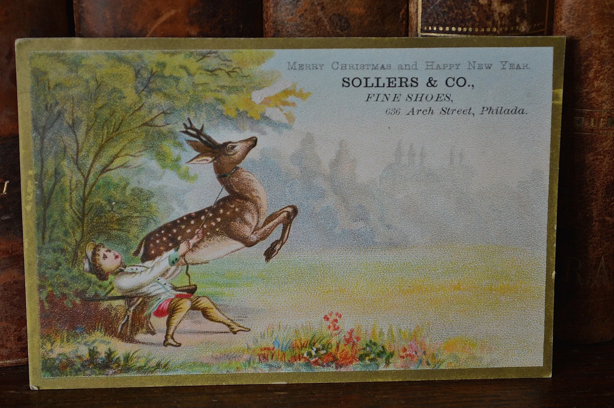 Antique Victorian Christmas Advertising Trade Card Sollers Fine Shoes