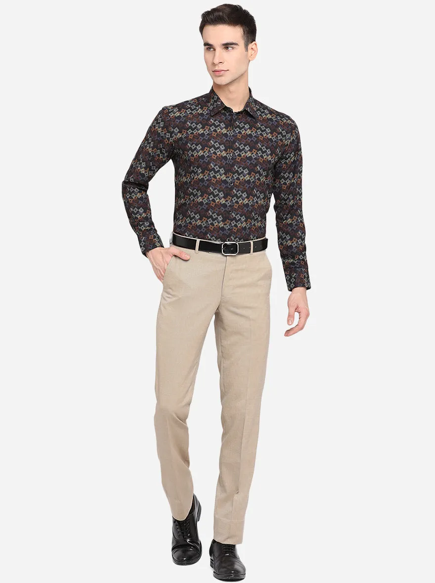 Beige Solid Slim Fit Formal Trouser | Metal