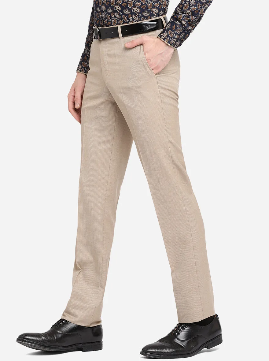 Beige Solid Slim Fit Formal Trouser | Metal