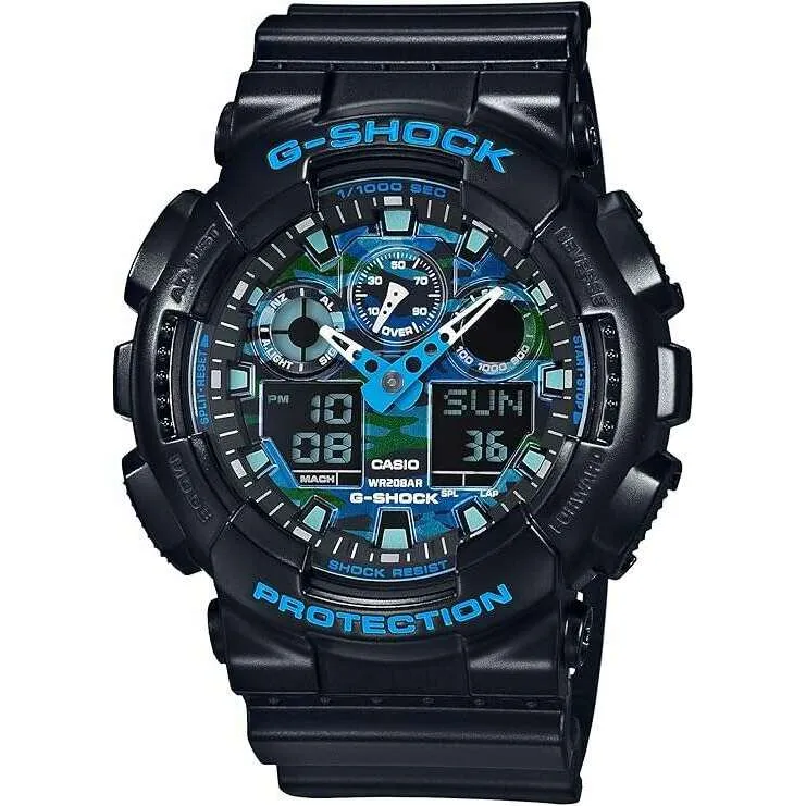 CASIO G-SHOCK BLACK & BLUE CAMOUFLAGE ANALOG DIGITAL DIAL MEN WATCH GA-100CB-1AJF