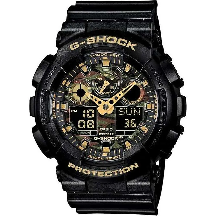 CASIO G-SHOCK DAY-DATE BLACK & GOLD CAMOUFLAGE DIAL MEN WATCH GA-100CF-1A9JF