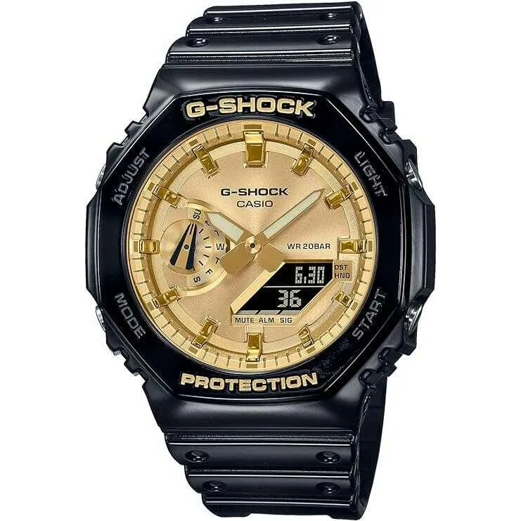 CASIO G-SHOCK DAY-DATE BLACK RUBBER STRAP GOLD DIAL MEN WATCH GA-2100GB-1AJF