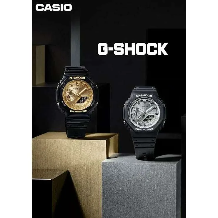 CASIO G-SHOCK DAY-DATE BLACK RUBBER STRAP GOLD DIAL MEN WATCH GA-2100GB-1AJF
