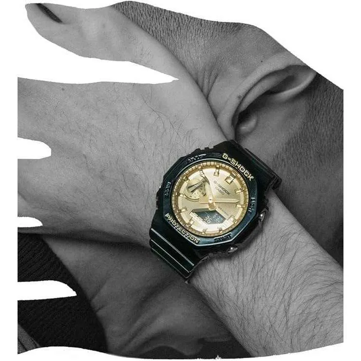 CASIO G-SHOCK DAY-DATE BLACK RUBBER STRAP GOLD DIAL MEN WATCH GA-2100GB-1AJF