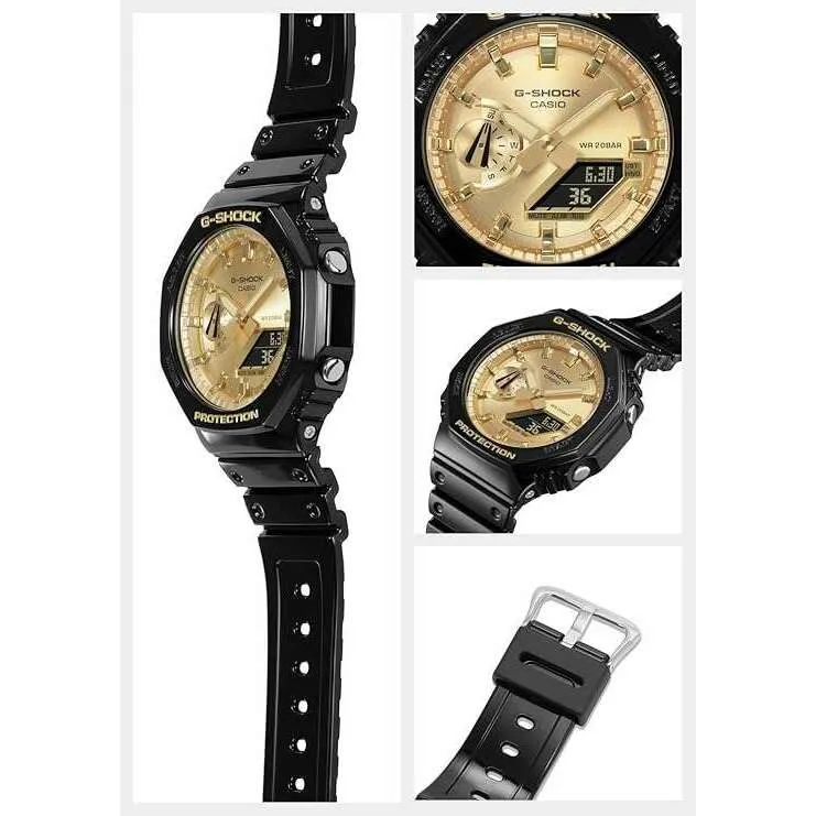 CASIO G-SHOCK DAY-DATE BLACK RUBBER STRAP GOLD DIAL MEN WATCH GA-2100GB-1AJF
