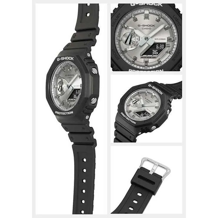 CASIO G-SHOCK DAY-DATE BLACK RUBBER STRAP SILVER DIAL MEN WATCH GA-2100SB-1AJF