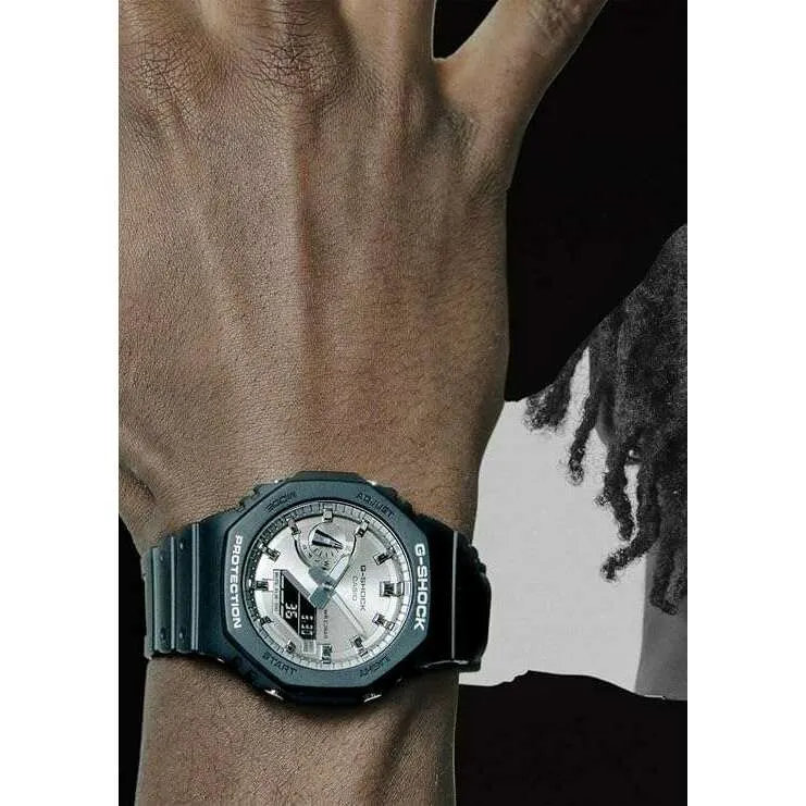 CASIO G-SHOCK DAY-DATE BLACK RUBBER STRAP SILVER DIAL MEN WATCH GA-2100SB-1AJF