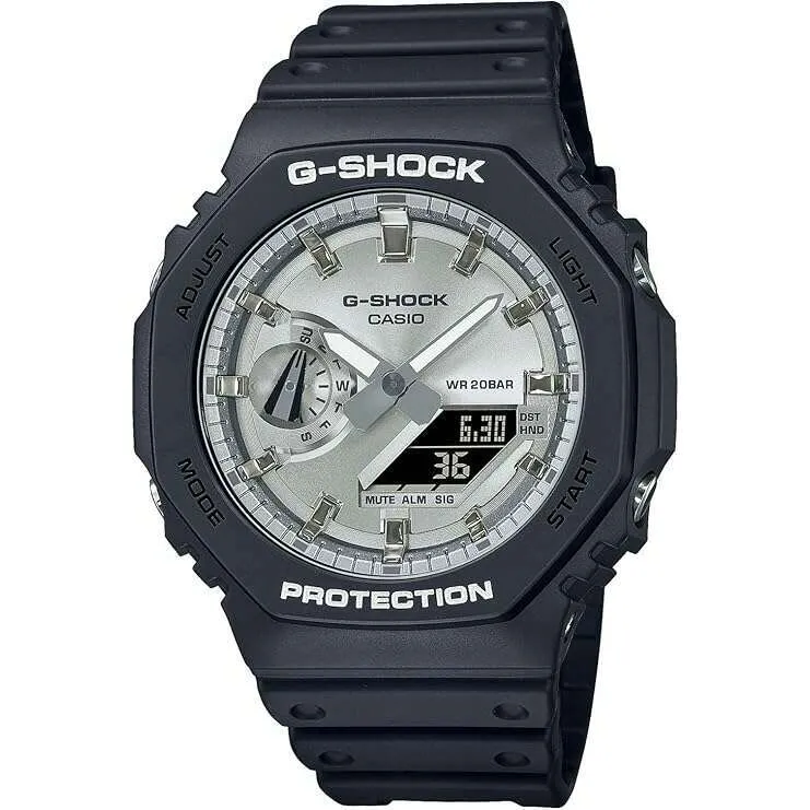 CASIO G-SHOCK DAY-DATE BLACK RUBBER STRAP SILVER DIAL MEN WATCH GA-2100SB-1AJF