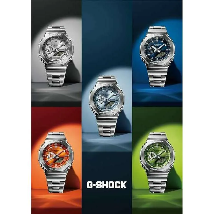 CASIO G-SHOCK DAY-DATE METAL BEZEL SILVER STRAP ORANGE DIAL MEN WATCH GM-2110D-4AJF