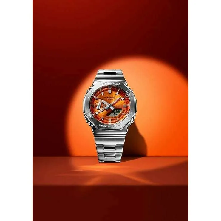 CASIO G-SHOCK DAY-DATE METAL BEZEL SILVER STRAP ORANGE DIAL MEN WATCH GM-2110D-4AJF