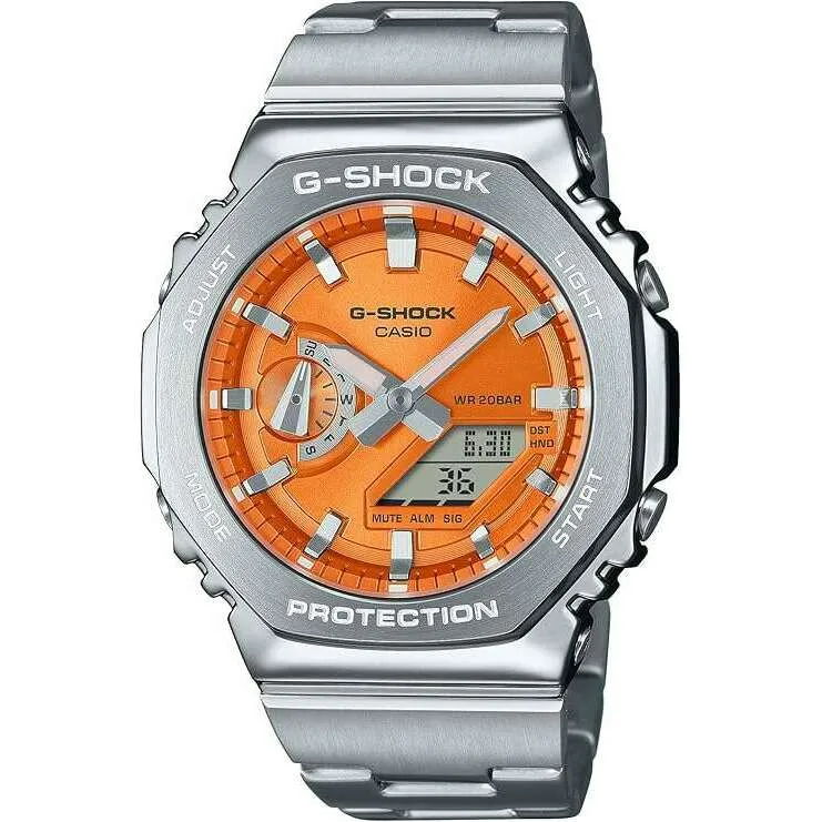 CASIO G-SHOCK DAY-DATE METAL BEZEL SILVER STRAP ORANGE DIAL MEN WATCH GM-2110D-4AJF