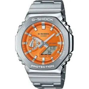 CASIO G-SHOCK DAY-DATE METAL BEZEL SILVER STRAP ORANGE DIAL MEN WATCH GM-2110D-4AJF