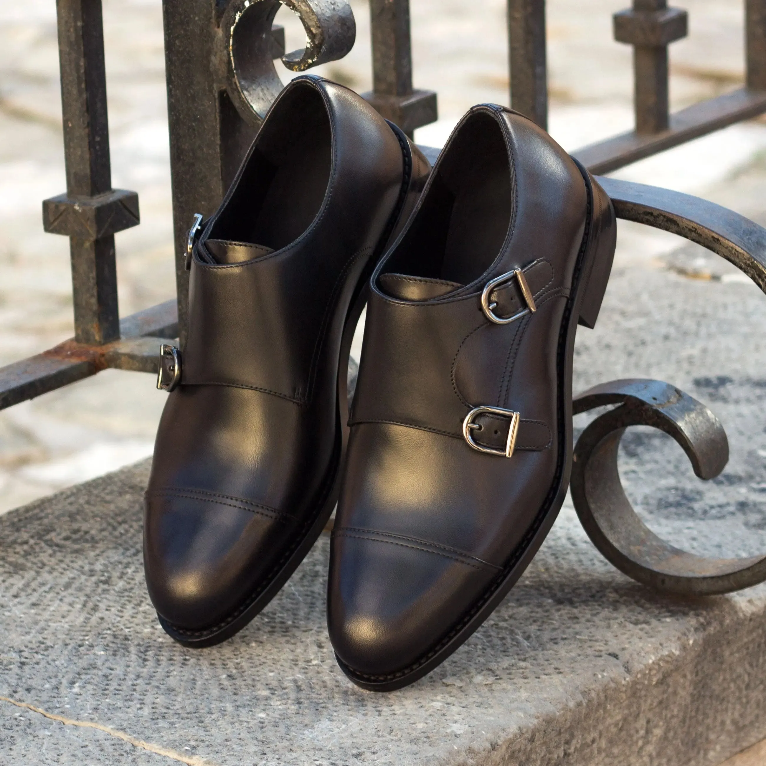 DapperFam Monaco in Black Men's Italian Leather Double Monk