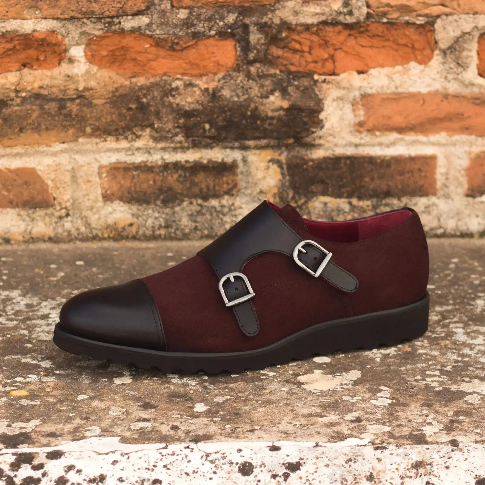 DapperFam Monaco in Burgundy / Black Men's Lux Suede & Italian Leather Double Monk