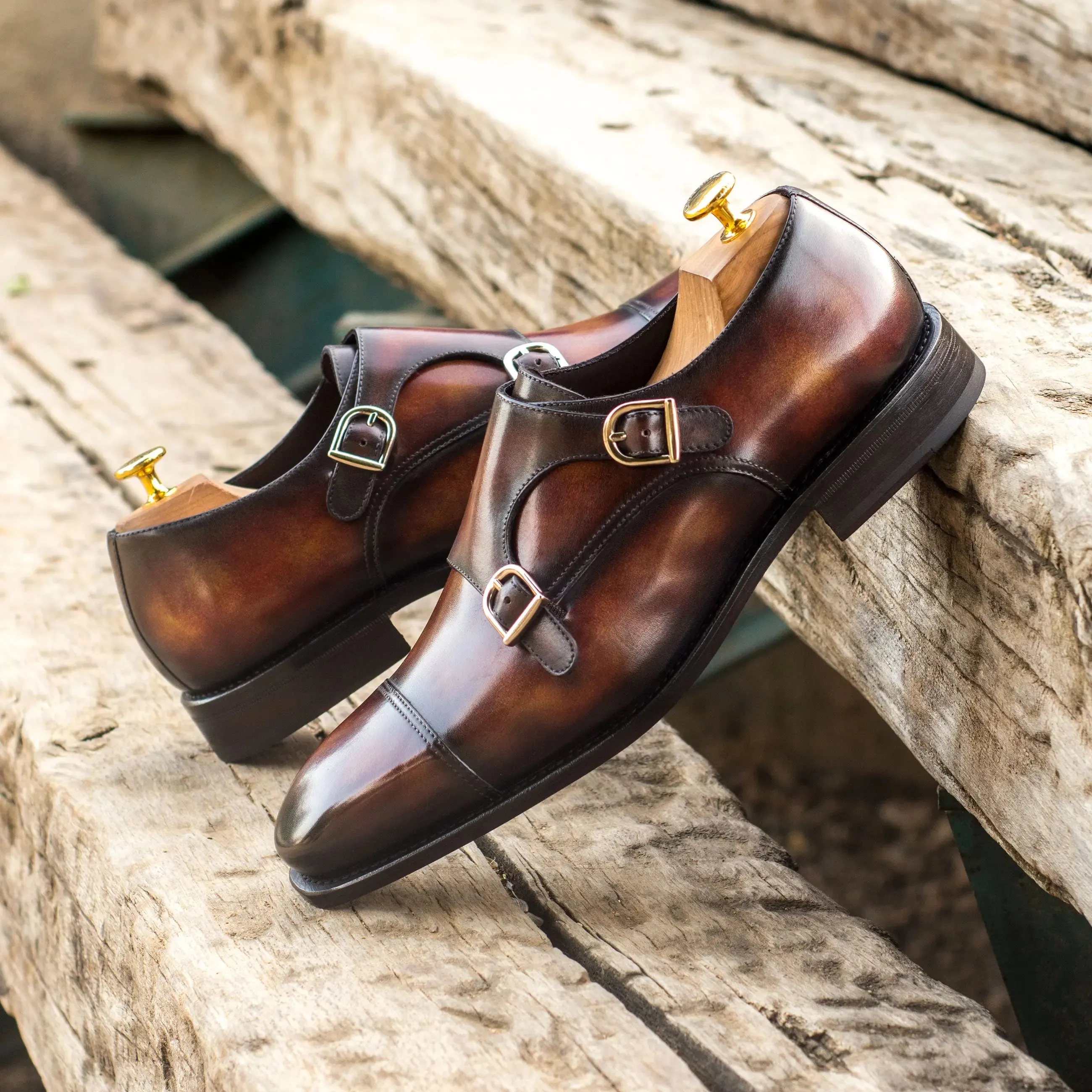 DapperFam Monaco in Fire Men's Hand-Painted Patina Double Monk