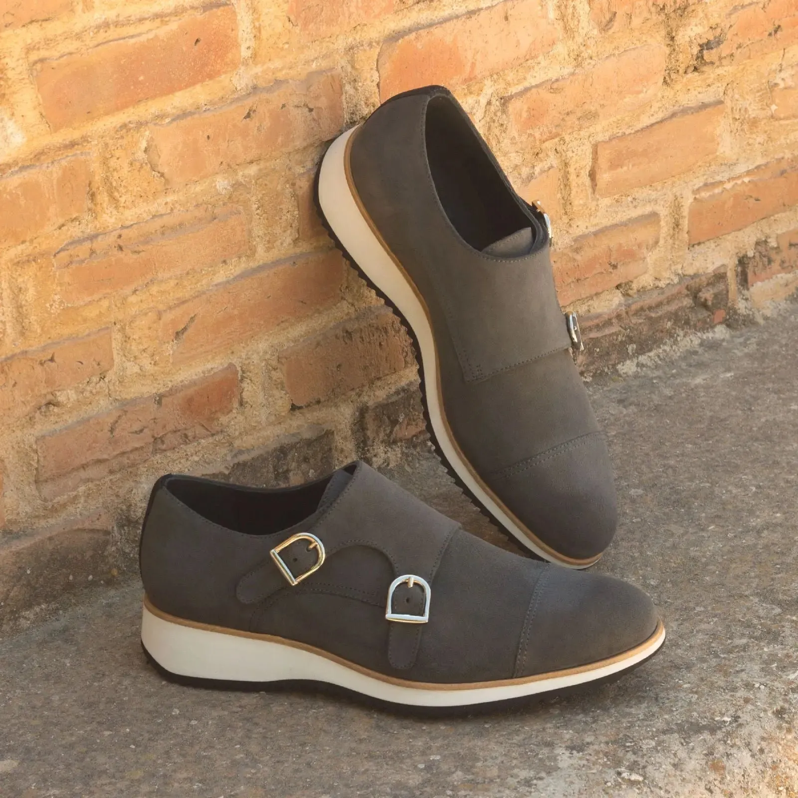 DapperFam Monaco in Grey / Black Men's Lux Suede Double Monk