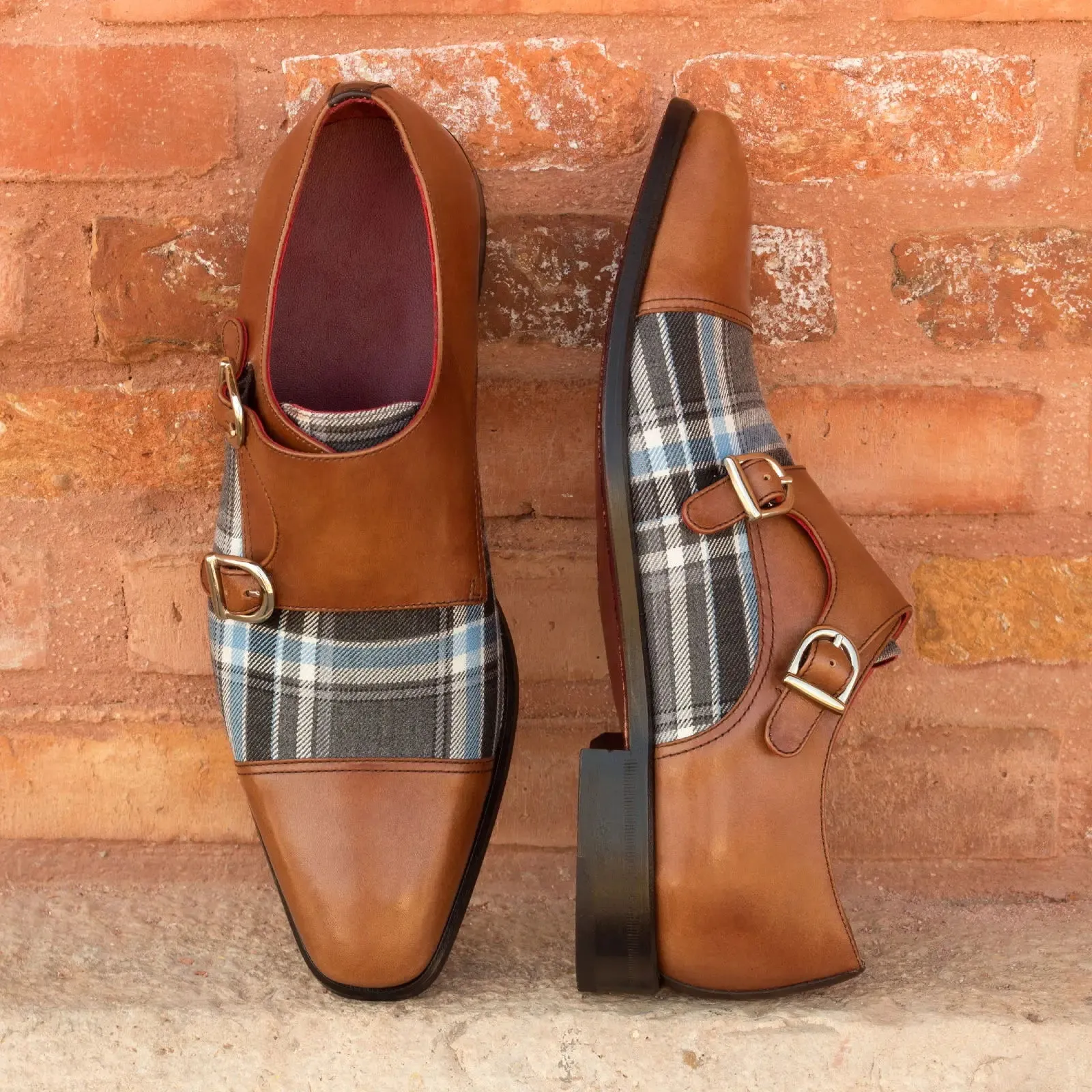 DapperFam Monaco in Plaid / Dark Brown / Med Brown Men's Sartorial & Italian Leather Double Monk